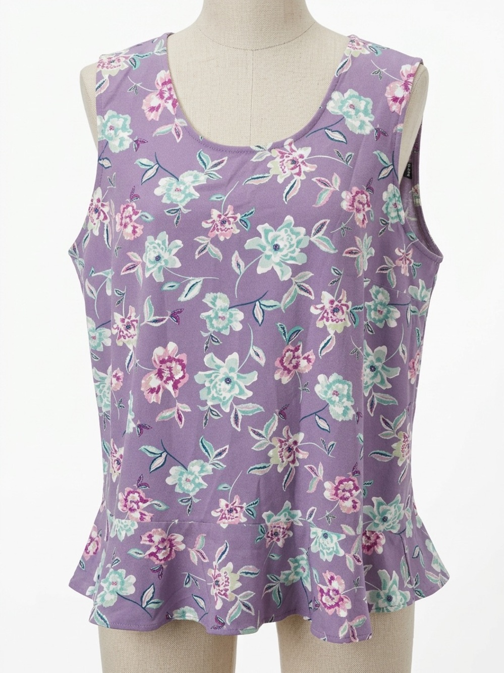 Denim & Co. Purple Floral Sleeveless Peplum Top Excellent Condition